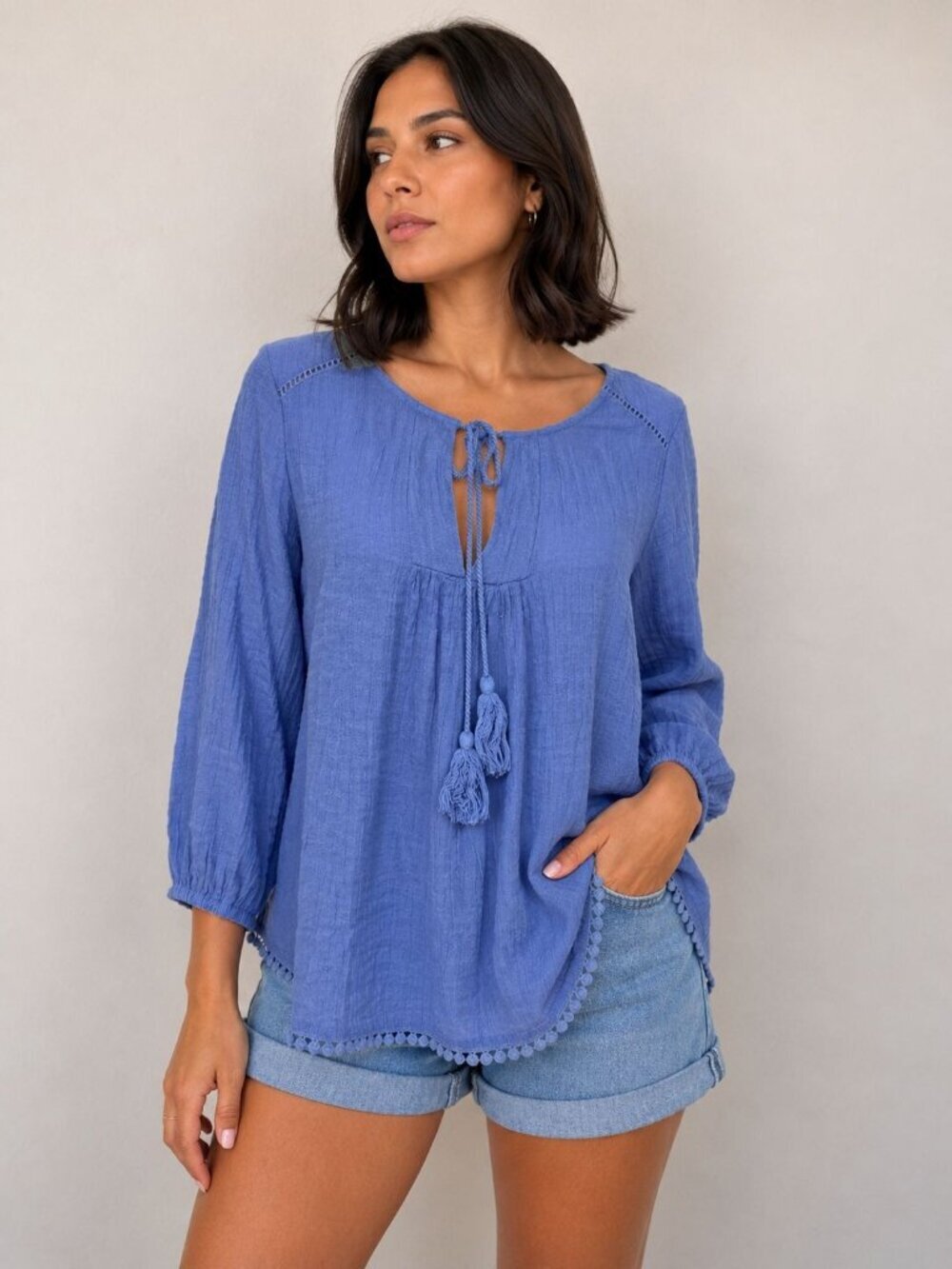Bobeau Womens Blue Gauze Boho Tunic Top Medium Tassel Tie 3/4 Sleeve